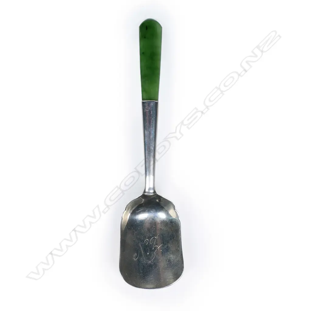 Joseph Swindell & Sons silver and pounamu sugar shovel spoon, Image 1++